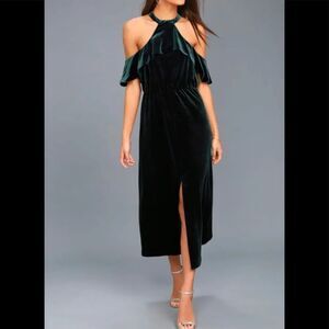 ALI & JAY green velvet off shoulders ruffle maxi dress M